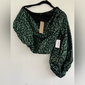 DO + BE Metallic Green Leopard Print One-Shoulder Top Size Medium NEW